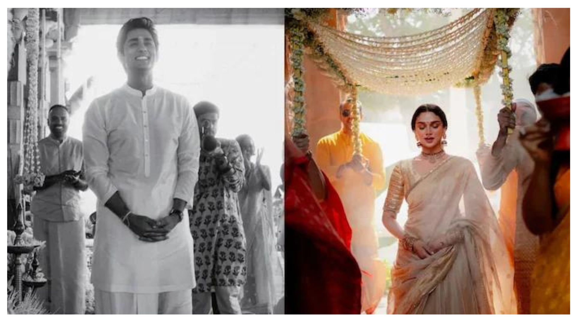 Aditi Rao Hydari and Siddharth, both actors, recently married in a temple. After announcing their wedding on social media, the pair published a series of fresh images showcasing their stunning connection.

On Monday, September 16, newlyweds Aditi Rao Hydari and Siddharth released a slew of new photographs from their wedding photoshoot on Instagram. The post was created shortly after they announced their wedding to the world via photos taken at the ceremony.

The new black-and-white photographs show them sitting like an old-school pair, with books serving as aesthetics in the backdrop. Aditi and Siddharth donned identical wedding gowns for these photos and appeared to be madly in love with one another.

Aditi used the same description to share the photographs on Instagram as she did when she announced her wedding. The caption said, "You are my sun, moon, and all my stars.

On Monday, the pair married early in the morning in an ancient temple. They married according to traditional South Indian wedding practices in front of their family and close friends. 

While the bride opted for a beige and golden tissue lehenga with traditional gold and Kundan jewelry, the groom donned a traditional Veshti with a plain white Kurta with modest embroidery.

Aditi and Siddharth dated for several years before deciding to marry. Previously, in an interview with Vogue, the former discussed her love story and said how things with Siddharth immediately clicked following their first encounter on the sets of their Telugu film Maha Samudram, when he introduced her as "hello, beautiful girl.".

Aditi further stated that their equation is so natural and simple that they were compelled to fall in love with each other even if they met as teens years ago.